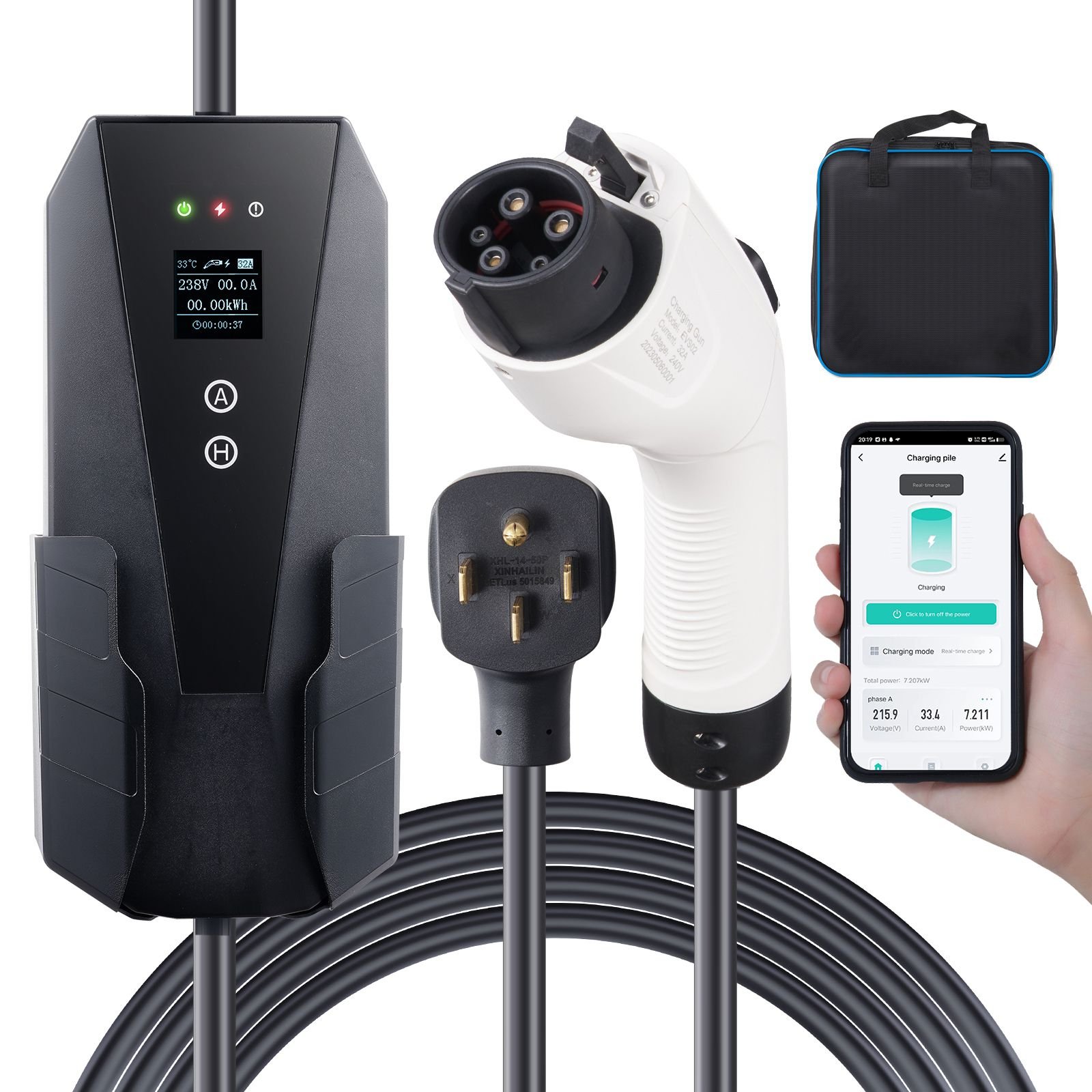 level 2 portable ev charger, 32 amp 240v, electric vehicle charger with 28 ft charging cable nema 14 50p plug, 16/20/24/32a adjustable current plug in home ev charging station for sae j1772 evs