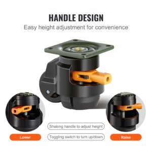 leveling casters, 4 pack heavy duty 360° swivel caster wheels hold up to 1100 lbs load, 2 inches caster diameter, adjustable casters with upgraded handle design and feet for workbench & machine