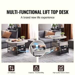 lift top coffee table, 35.3 in round coffee table with extra storage pockets, pop up coffee table for living room, white