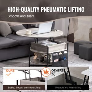 lift top coffee table, 35.3 in round coffee table with extra storage pockets, pop up coffee table for living room, white