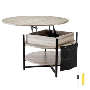 Lift Top Coffee Table, 35.3 in Round Coffee Table with Extra Storage Pockets, Pop Up Coffee Table for Living Room