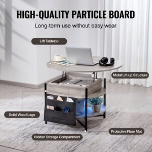 lift top coffee table, 35.3 in round coffee table with extra storage pockets, pop up coffee table for living room, white