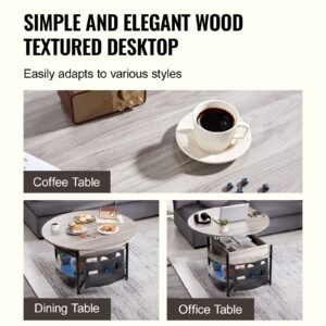 lift top coffee table, 35.3 in round coffee table with extra storage pockets, pop up coffee table for living room, white
