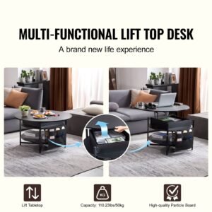 lift top coffee table, 35.3 in round coffee table with extra storage pockets, pop up coffee table for living room, black