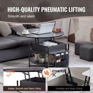 lift top coffee table, 35.3 in round coffee table with extra storage pockets, pop up coffee table for living room, black
