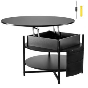 Lift Top Coffee Table, 35.3 in Round Coffee Table with Extra Storage Pockets, Pop Up Coffee Table for Living Room, Black