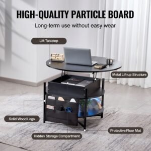 lift top coffee table, 35.3 in round coffee table with extra storage pockets, pop up coffee table for living room, black