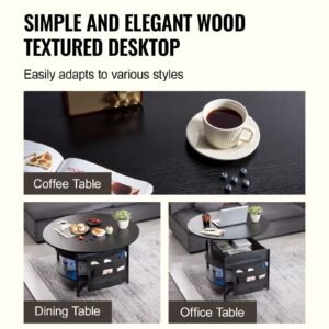 lift top coffee table, 35.3 in round coffee table with extra storage pockets, pop up coffee table for living room, black