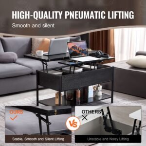lift top coffee table, 39.4 in rectangle coffee table with extra storage pockets, flipable coffee table with power strip & usb & ambient lighting for living room, black
