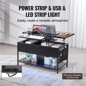 lift top coffee table, 39.4 in rectangle coffee table with extra storage pockets, flipable coffee table with power strip & usb & ambient lighting for living room, black