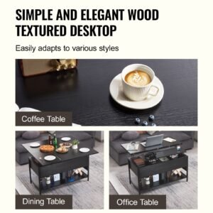 lift top coffee table, 39.4 in rectangle coffee table with extra storage pockets, flipable coffee table with power strip & usb & ambient lighting for living room, black