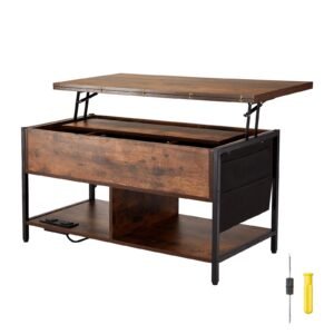 Lift Top Coffee Table, 39.4 in Rectangle Coffee Table with Extra Storage Pockets, Flipable Coffee Table with Power Strip & USB & Ambient Lighting for Living Room, Brown