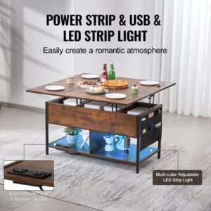 lift top coffee table, 39.4 in rectangle coffee table with extra storage pockets, flipable coffee table with power strip & usb & ambient lighting for living room, brown