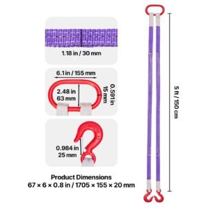 Lifting Sling Straps, 2Pcs Two-Leg Polyester Bridle Sling with Hooks, 4400LB Capacity, 5Ft Heavy Duty Rigging Strap, Thickened & Wear-Resistant Webbing Slings for Engines Cranes Hoists Truck