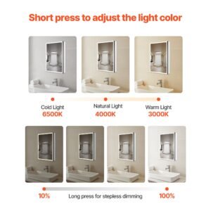 lighted medicine cabinet with mirror, 20 x 28 in recessed or wall mount, 3 color dimmable led bathroom medicine cabinet with bottom lighting, adjustable shelve storage, memory defog function