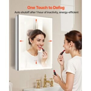 lighted medicine cabinet with mirror, 20 x 28 in recessed or wall mount, 3 color dimmable led bathroom medicine cabinet with bottom lighting, adjustable shelve storage, memory defog function