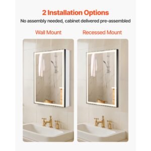 lighted medicine cabinet with mirror, 20 x 28 in recessed or wall mount, 3 color dimmable led bathroom medicine cabinet with bottom lighting, adjustable shelve storage, memory defog function