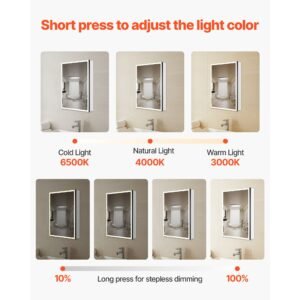 lighted medicine cabinet with mirror, 20 x 28 in recessed or wall mount, 3 color dimmable led bathroom medicine cabinet with sensor light, adjustable shelve storage, memory defog function