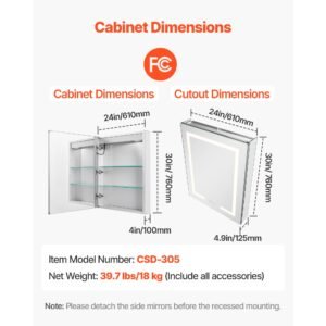 lighted medicine cabinet with mirror, 24 x 30 in recessed or wall mount, 3 color dimmable led bathroom medicine cabinet with hd mirror, clock, adjustable shelve storage, memory defog function