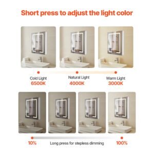 lighted medicine cabinet with mirror, 24 x 30 in recessed or wall mount, 3 color dimmable led bathroom medicine cabinet with hd mirror, clock, adjustable shelve storage, memory defog function