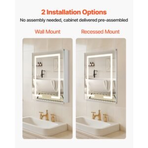 lighted medicine cabinet with mirror, 24 x 30 in recessed or wall mount, 3 color dimmable led bathroom medicine cabinet with hd mirror, clock, adjustable shelve storage, memory defog function