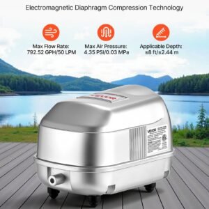 linear air pump, 792.52 gph air flow, septic aerator pump, aeration system for 8 ft deep ponds, fit for septic tanks, aquariums, waste treatment, seafood restaurants, fish farms, hydroponics