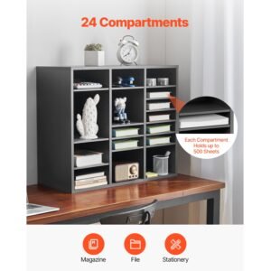 literature organizer, 24 compartments office mailbox with adjustable shelves, wooden mailbox sorter medium density fiberboard office home classroom storage for files, documents, papers, grey
