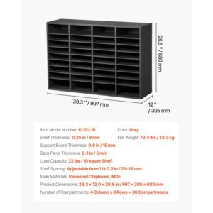 literature organizer, 36 compartments office mailbox with adjustable shelves, wooden mailbox sorter medium density fiberboard office home classroom storage for files, documents, papers, grey
