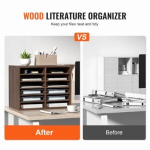 literature organizers, 12 compartments office mailbox with adjustable shelves, wood literature sorter 20.4x12x16.1 inches for office, home, classroom, mailrooms organization, epa certified brown