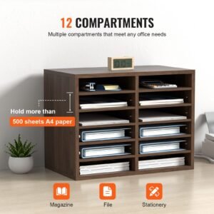 literature organizers, 12 compartments office mailbox with adjustable shelves, wood literature sorter 20.4x12x16.1 inches for office, home, classroom, mailrooms organization, epa certified brown