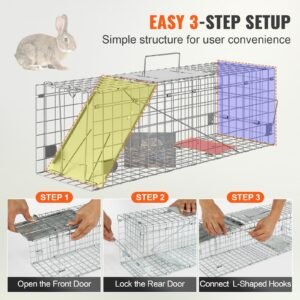 live animal cage trap, 24" x 8" x 8" humane cat trap galvanized iron, folding animal trap with handle for rabbits, stray cats, squirrels, raccoons, groundhogs and opossums