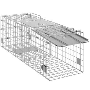 live animal cage trap, 24" x 8" x 8" humane cat trap galvanized iron, folding animal trap with handle for rabbits, stray cats, squirrels, raccoons, groundhogs and opossums