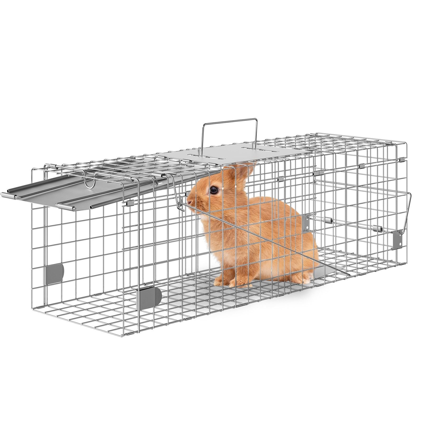 live animal cage trap, 24" x 8" x 8" humane cat trap galvanized iron, folding animal trap with handle for rabbits, stray cats, squirrels, raccoons, groundhogs and opossums