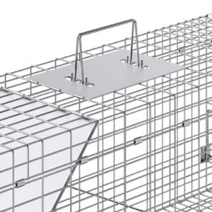 live animal cage trap, 31" x 10" x 12" humane cat trap galvanized iron, folding animal trap with handle for rabbits, stray cats, squirrels, raccoons, groundhogs and opossums