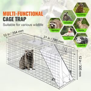 live animal cage trap, 31" x 10" x 12" humane cat trap galvanized iron, folding animal trap with handle for rabbits, stray cats, squirrels, raccoons, groundhogs and opossums