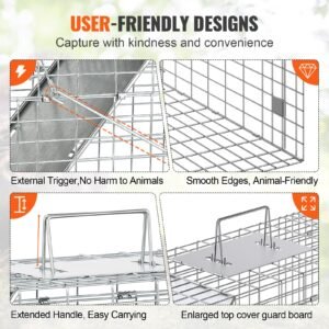 live animal cage trap, 31" x 10" x 12" humane cat trap galvanized iron, folding animal trap with handle for rabbits, stray cats, squirrels, raccoons, groundhogs and opossums