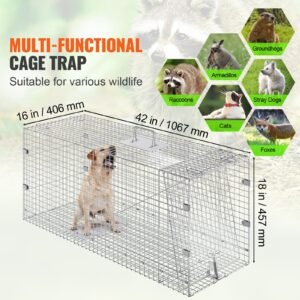 live animal cage trap, 42" x 16" x 18" humane cat trap galvanized iron, folding animal trap with handle for stray dogs, armadillos, raccoons, marmots, foxes