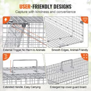 live animal cage trap, 42" x 16" x 18" humane cat trap galvanized iron, folding animal trap with handle for stray dogs, armadillos, raccoons, marmots, foxes