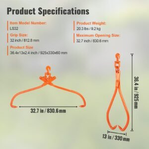 log skidding tongs, 32 inch 2 claw log lifting tongs, heavy duty rotating steel lumber skidding tongs, 1543 lbs/700 kg loading capacity, log lifting, handling, dragging & carrying tool
