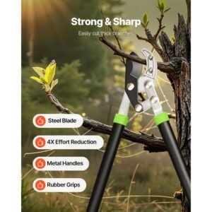 loppers for tree trimming, 32 inch garden anvil trimmer with compound action, sharp steel blade, heavy duty tree branch cutter up to 2 inch dia cut capacity, ergonomically designed handles