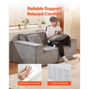 loveseat sofa, 63 inch 2 seats couch for living room, modern small corduroy couch with pocket springs, soft cushions, comfy loveseat for bedroom, office or apartment, no assembly required, gray