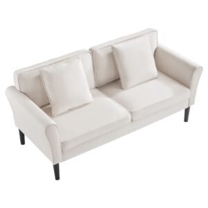 Loveseat Sofa, 69-Inch Small Sofa Couch for Living Room, Velvet Fabric 2-Seats Couch with Sinuous Spring, Soft Cushions and Sturdy Frame, Comfy Loveseat for Bedroom, Office or Apartment, White