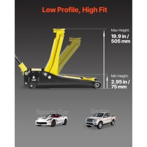 low profile floor jack, 2 ton (4400 lbs) capacity, steel racing floor jack with dual pistons quick lift pump, hydraulic trolley car lift for sports cars, sedans, lifting range 2.95 19.9 inches