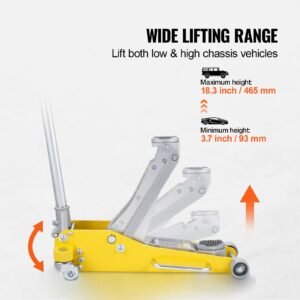 low profile floor jack 3 ton (6600 lbs), heavy duty aluminum hydraulic racing floor jack, hydraulic car jack, dual piston quick lift pump, 3.7" 18.3" height lifting range (yellow)