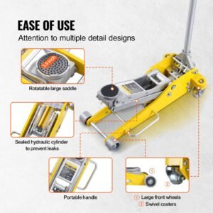 low profile floor jack 3 ton (6600 lbs), heavy duty aluminum hydraulic racing floor jack, hydraulic car jack, dual piston quick lift pump, 3.7" 18.3" height lifting range (yellow)