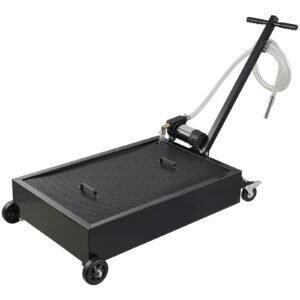low profile oil drain pan, 15 gallon capacity, rolling oil drain pan with electric pump & 7.2 ft hose, leak proof & corrosion resistant, fit for cars, suvs, trucks, motorcycles, atvs, metal
