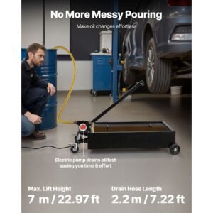 low profile oil drain pan, 15 gallon capacity, rolling oil drain pan with electric pump & 7.2 ft hose, leak proof & corrosion resistant, fit for cars, suvs, trucks, motorcycles, atvs, metal