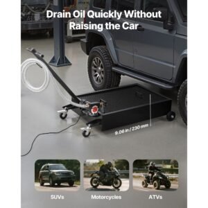 low profile oil drain pan, 15 gallon capacity, rolling oil drain pan with electric pump & 7.2 ft hose, leak proof & corrosion resistant, fit for cars, suvs, trucks, motorcycles, atvs, metal