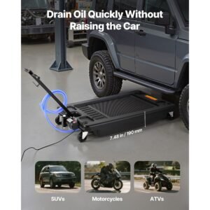low profile oil drain pan, 17 gallon capacity, rolling oil drain pan with electric pump, 7.2 ft hose & t folding handle, leak proof & corrosion resistant, fit for cars, suvs, trucks, atvs, black
