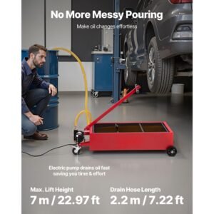 low profile oil drain pan, 17 gallon capacity, rolling oil drain pan with electric pump, 7.2 ft hose & t folding handle, leak proof & corrosion resistant, fit for cars, suvs, trucks, atvs, red